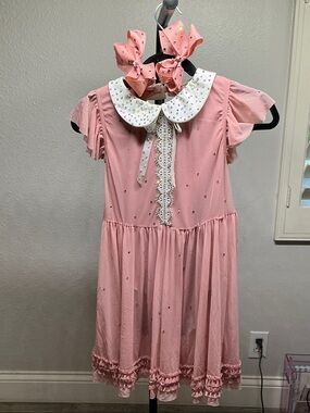 Girls Pink Embellished Peter Pan Collar Skating Dance  Competition Dress